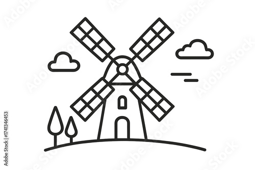 Netherlands windmill line art icon vector illustration. Traditional Dutch farm building in a rural landscape. Holland tourism, renewable wind energy, and countryside concept.