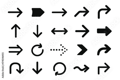 Big collection of vector arrow icons for navigation and user interface design. Set of black symbols, pointers, and cursors for web and app development on white background.