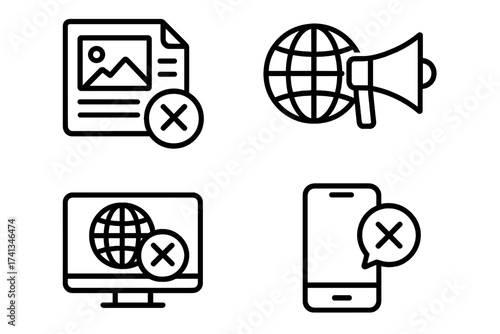 Fake news icon set. Misinformation, disinformation, propaganda. Media censorship illustration. Internet blocking. Social media ban. False information. Hoax vector concept.
