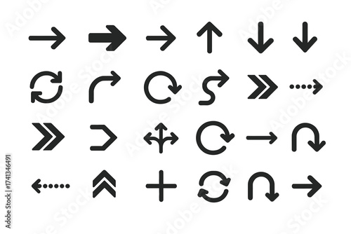 Big set of black arrow icons. Vector collection of simple direction pointers. Navigation and interface elements like next, previous, up, down, refresh, reload, undo, and turn.