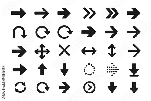 Big set of arrow icons for navigation. Direction pointers collection. UI UX web app interface symbols. Vector glyph pictogram signs. Download, upload, refresh, reload, next button.