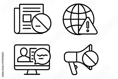 Communication and censorship linear icons set. Fake news, media control, global internet warning, online chat, and protest ban. Vector line art for social issues concepts.