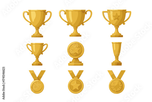 Golden trophy and medal icon set. Gold award cups for winner. Championship prize. Victory symbol. Sport competition reward. First place champion goblet vector illustration.
