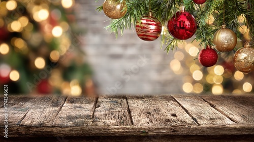 Christmas Kitchen Table with Red/Gold Baubles: Rustic Wooden Surface, White Brick Wall, Christmas Tree + Warm Bokeh Lights, Red Stockings, Cozy Vibe
