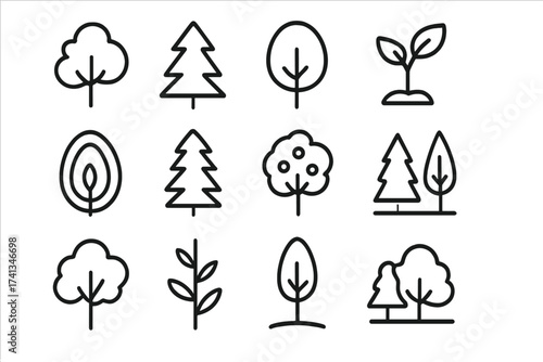 Tree line icon set. Collection of simple outline symbols. Forest, park, plant, nature, ecology. Pine, fir, sprout, seedling vector graphic elements for web and apps.