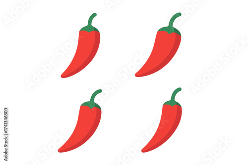 Red hot chili pepper icon set. Flat design vector illustration. Spicy food symbol for mexican cuisine. Fresh organic vegetable ingredient for cooking, sauce or seasoning.