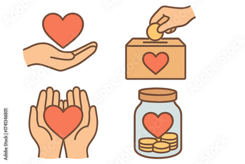Charity and donation icon set with hand holding heart and money box. Concept of philanthropy, support, kindness and love. Vector for fundraising, social projects and volunteering.