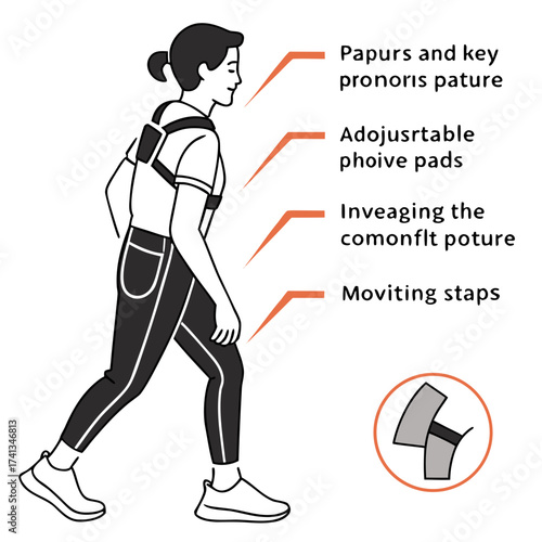 Illustration of a person wearing a posture corrector with adjustable straps and padded support for improved posture and comfort during movement