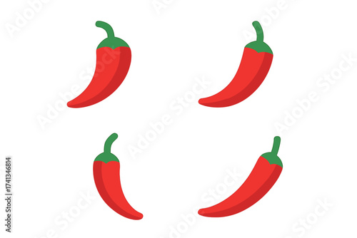 Red chili pepper flat icon set. Hot and spicy cayenne pepper vector illustration. Simple cartoon vegetable graphic for Mexican food concepts, seasoning, or hot sauce label design.