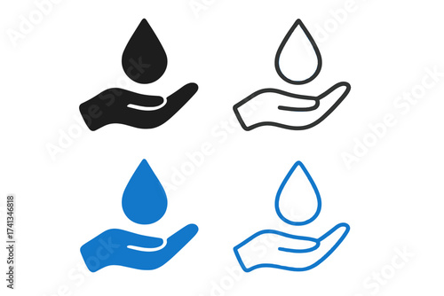 Hand holding a water drop icon set. Water saving and conservation concept. Pure fresh water symbol for ecology and environment. Charity, care, and donation pictogram.
