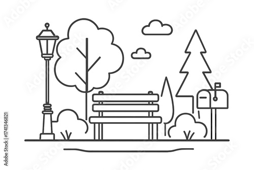 City park linear illustration with wooden bench, street lamp, and mailbox. Vector graphic of an urban public space. Outdoor scenery with trees and clouds. Line art icon set.