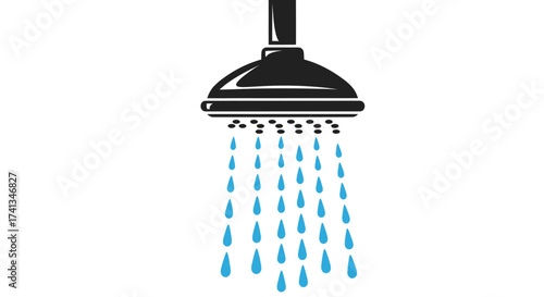 Photos Black Shower Head with Flowing Water Droplets Illustration.