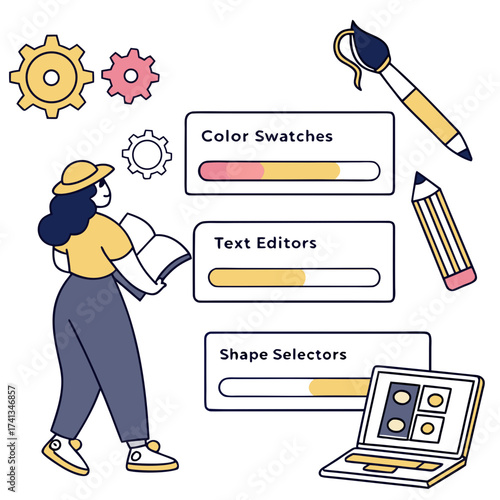 Creative process illustration of a person learning about design tools like color swatches text editors and shape selectors with art supplies and gears