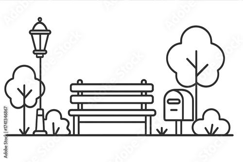City park line art illustration with a bench, street lamp, and mailbox. Urban landscape vector. Public outdoor space with trees for recreation and relaxation. Simple outline set.