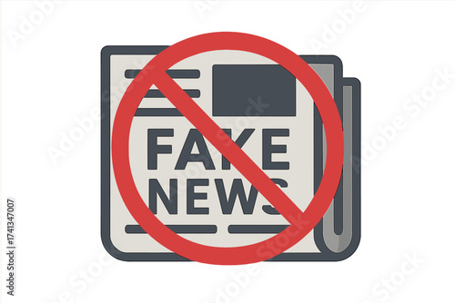 Fake news vector flat icon. Stop disinformation and propaganda concept. Newspaper with a red forbidden sign. Media literacy, fact-checking, hoax and misinformation symbol.