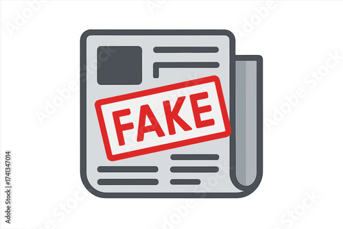 Fake news vector flat icon of newspaper with stamp. Misinformation and propaganda concept. Hoax, biased media, and disinformation symbol. Untrue information illustration.