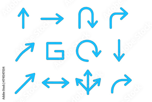 Blue arrow icon set. Vector collection of various direction signs. Simple line symbols for web and app navigation. Pointers for up, down, left, right, refresh, and next.