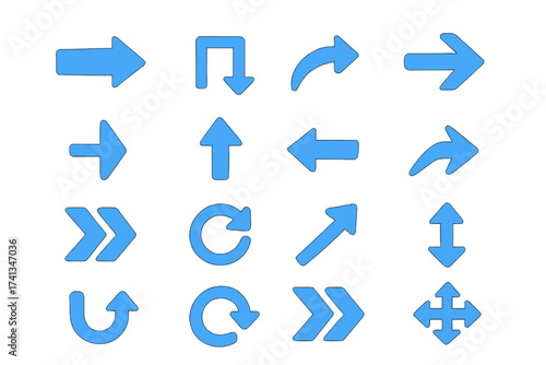 Set of vector arrows. Blue arrows icon collection. Navigation and direction symbols. Pointer, cursor, next, refresh, download, upload, move signs. Web UI design elements.