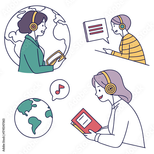 Diverse people wearing headphones and reading books or engaging in online communication with speech bubbles and globes symbolizing global connection and learning