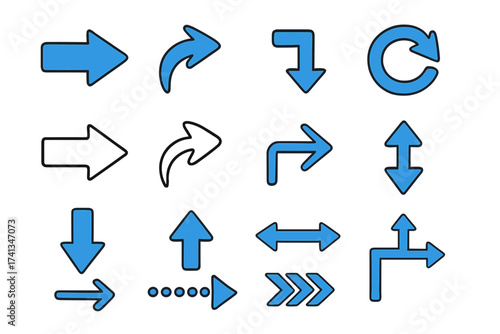 Collection of blue vector arrow icons for navigation and user interface design. Big set of modern pointers, cursors, and direction symbols for web, mobile apps, and infographics.
