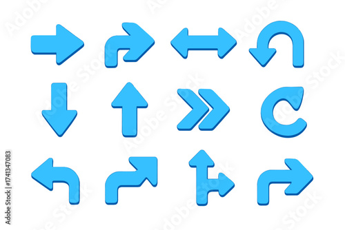Blue arrows vector set 3D icon collection. Navigation infographic sign element. Direction symbol for ui ux design. Arrowhead pointer up, down, left, right, next, back.