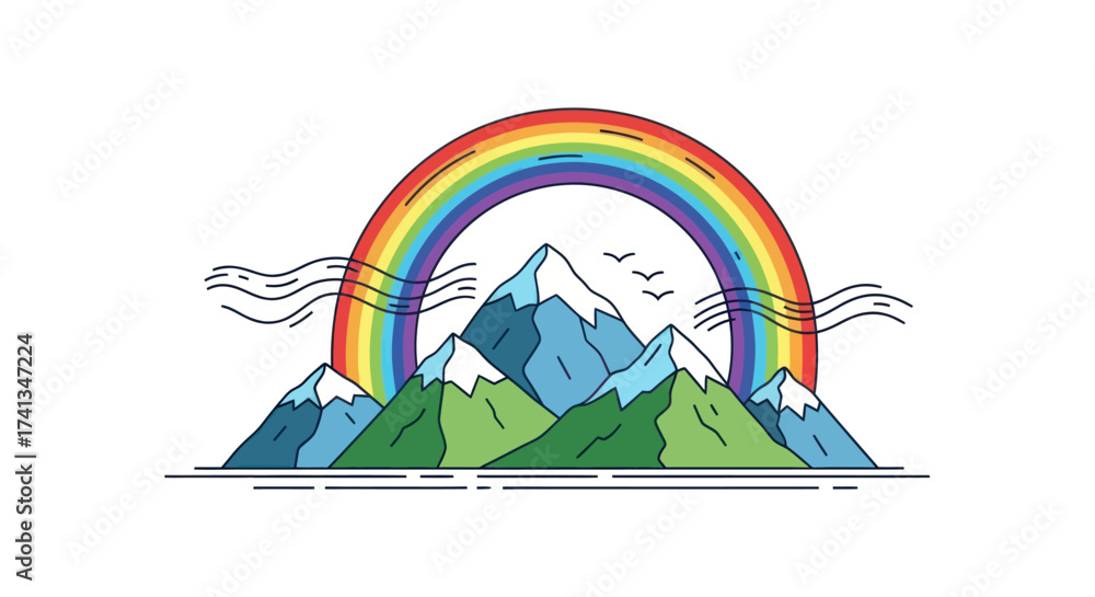 Obraz premium Colorful stylized mountain range with a vibrant rainbow and flying birds.