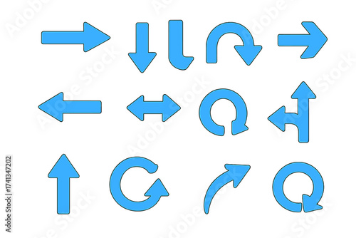 Set of blue vector arrows. Collection of different arrow icons. Up, down, left, right, refresh, and circular direction symbols. Pointer sign for navigation or web design.