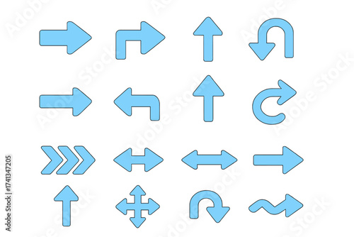 Set of blue vector arrows. Collection of different arrow icons for navigation and direction. UI UX elements. Includes up, down, left, right, curved, reload and pointer symbols.