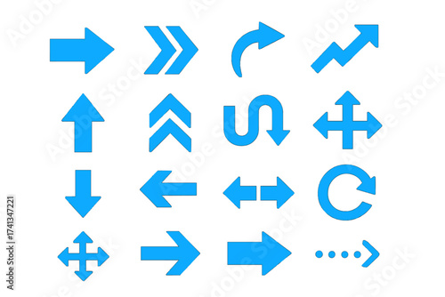 Blue arrows vector icon set. Collection of different arrow symbols for navigation, direction, and infographics. Pointer signs for up, down, left, right, growth, and refresh.