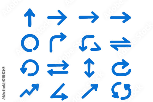 Set of blue vector arrows. Collection of hand drawn arrow icons and symbols for direction, navigation, UI. Pointer signs for up, down, left, right, refresh, and exchange.