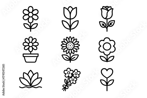 Flower icon set. Line art floral collection. Rose, tulip, sunflower, lotus, daisy symbols. Editable stroke vector for web, apps. Nature, spring, love, beauty concepts. Outline plant pictograms.