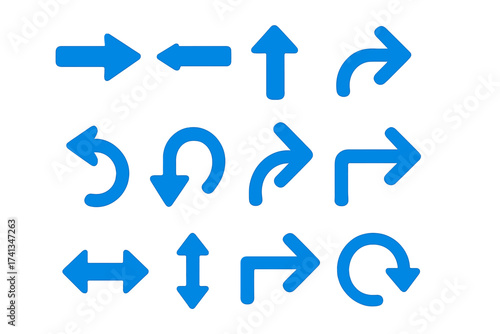 Set of blue vector arrows. Arrow icon collection. Directional sign and symbol for navigation. Pointer and cursor graphic element. Up, down, left, right, refresh, reload, turn, curve for web UI UX.