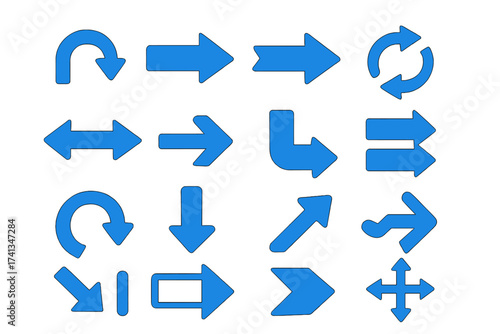Set of vector arrows. Blue arrow icon collection. Pointers for direction, navigation, ui, ux. Signs for next, previous, refresh, download. Modern flat infographic elements.