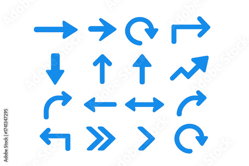 Vector arrow icon set. Big collection of different direction symbols and pointers for user interface, web navigation, and infographics. Next, refresh, up, down, turn, move.