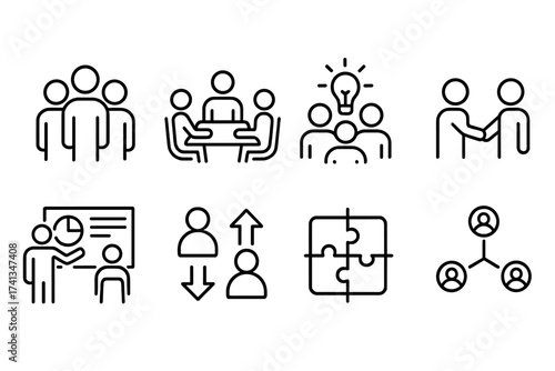 Teamwork collaboration icons set. Office people, meeting, brainstorming, business teamwork, ideas, partnership, presentation, management, hierarchy, puzzle integration, connection. Vector outline.