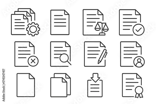 Thin line document vector icons set, outline business paperwork, legal agreement, batch processing, certificate, search, approval, rejection, edit, download, user profile, website app design