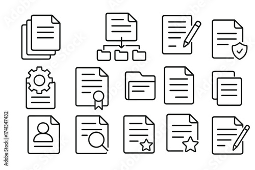 Thin line document icons set for website and apps, outline style business, legal, batch processing, certificate, settings, search, profile, favorite, secure file management