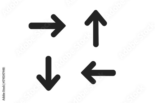 Black arrow icon set isolated on white. Directional navigation arrows. Vector illustration of up, down, left, right flat arrows. Simple geometric arrow signs for web and graphic design.