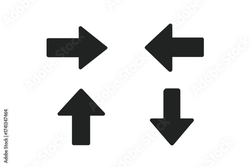 Black Arrow Icon Set. Four Directional Arrow Symbols. Flat Minimalist Vector Design Isolated on White Background. Navigation, Pointer, Cursor, User Interface, Directional Guide, Web, App Elements