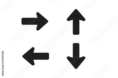 Set of black arrow icons isolated on white background, simple flat vector illustration for navigation, direction, interface, right left up down symbols, minimal graphic design, transparent background