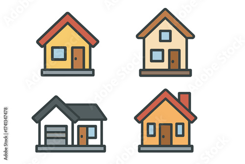House vector flat illustration icon set. Home symbols collection for real estate. Property and building design elements. Residential cottage architecture graphic on white.