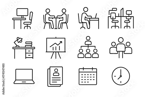 Corporate workspace thin line icon set with business workflow, coworking office desk, meeting, team management, project schedule, documents, reporting, technology, organization, productivity concepts