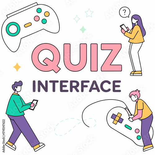 Modern flat design illustration of a quiz interface with people playing games on smartphones and controllers