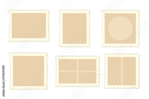 Blank postage stamps vector set. Retro mail stamp collection. Vintage correspondence paper border frame. Philately post mark template illustration. Old empty sticker icon.