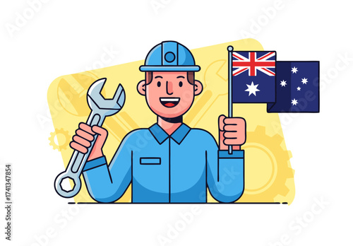 Australian worker celebrating Labour Day with wrench and Australian flag, a symbol of hard work and national pride