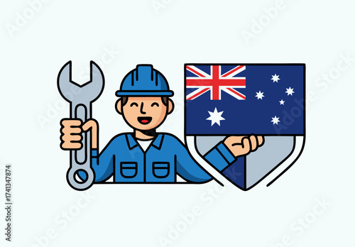Happy Labour Day Australia A smiling tradesperson in a hard hat holds a large wrench and the Australian flag, celebrating workers' rights and achievements