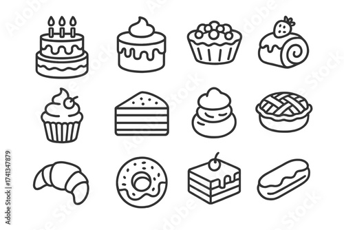 Bakery and pastry line icon set. Sweet food and desserts collection. Vector icons of cake, cupcake, donut, pie for cafe menu. Editable stroke for infographics and design.