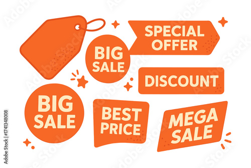 Sale tags vector set. Special offer, big sale, discount, and best price banners. Shop or online shopping promotional stickers, badges, and coupons for marketing and retail.