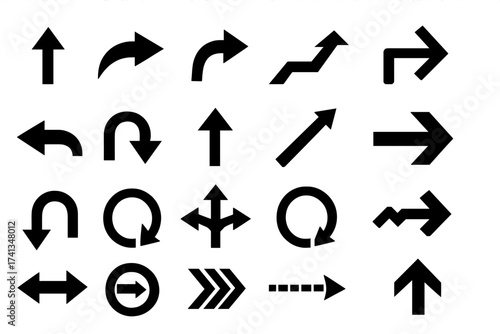 Set of vector arrows. Collection of black arrow icons. Direction, navigation, and pointer symbols for web design. Up, down, left, right, circular, and curved signs.