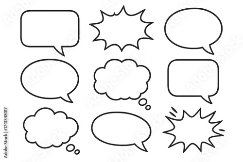 Retro comic speech bubble set. Blank empty dialogue and thought balloons for pop art design. Vector chat message stickers for communication concept. Talk and think bubble collection.